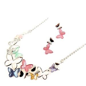 Pastel Butterfly Necklace & Earring Set | Silvertone Multi-Color Spring Jewelry